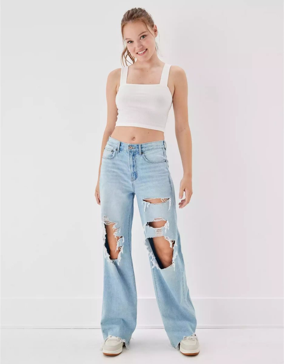 Jean American Eagle AE Ripped Super High-Waisted Baggy Larges-Leg Lavage Clair Femme | AEV-40948192